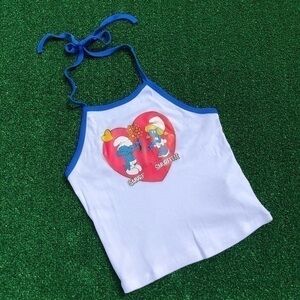 Vintage 1980s Smurf & Smurfette Heart Glitter Iron-On On New Halter Top